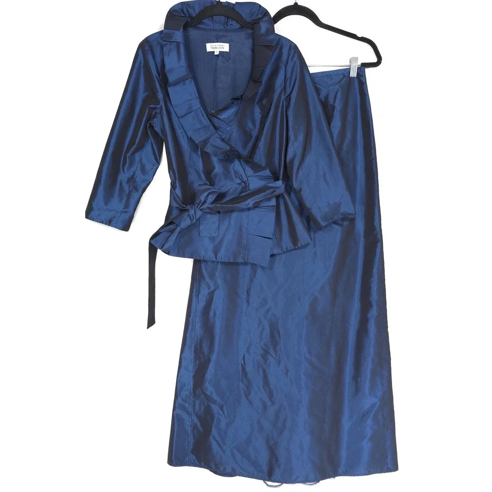 TERI JON Rickie Freeman SET 100% SILK Size 6 Tie Blazer Jacket + Maxi Skirt Navy
